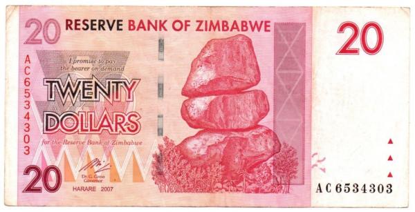 Kupčius aukcionas - Zimbabvė. 20 dolerių ( 2007 ) XF-